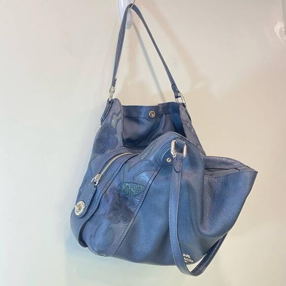 Coach Eddie 31 Medium Shoulder Leather Bag/Purse Navy Blue Patchwork and Silver - Picture 3 of 14